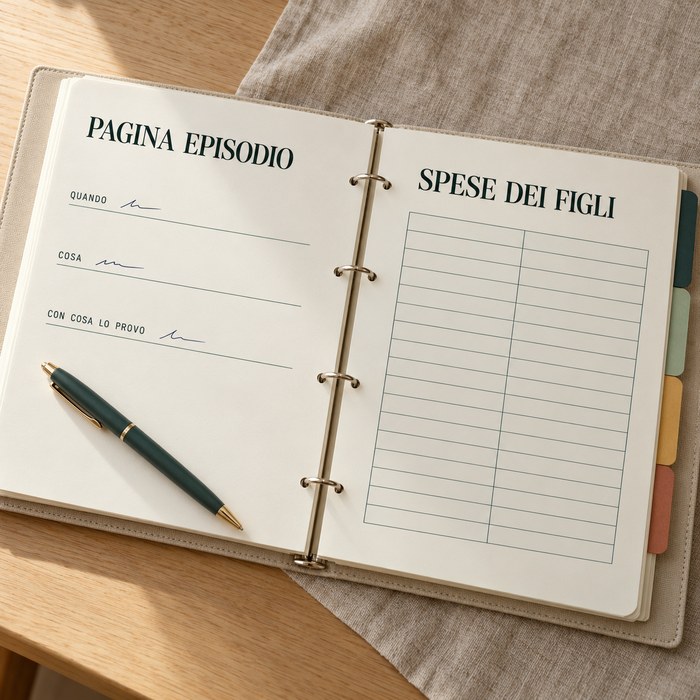 Il raccoglitore aperto con la pagina episodio e le spese dei figli