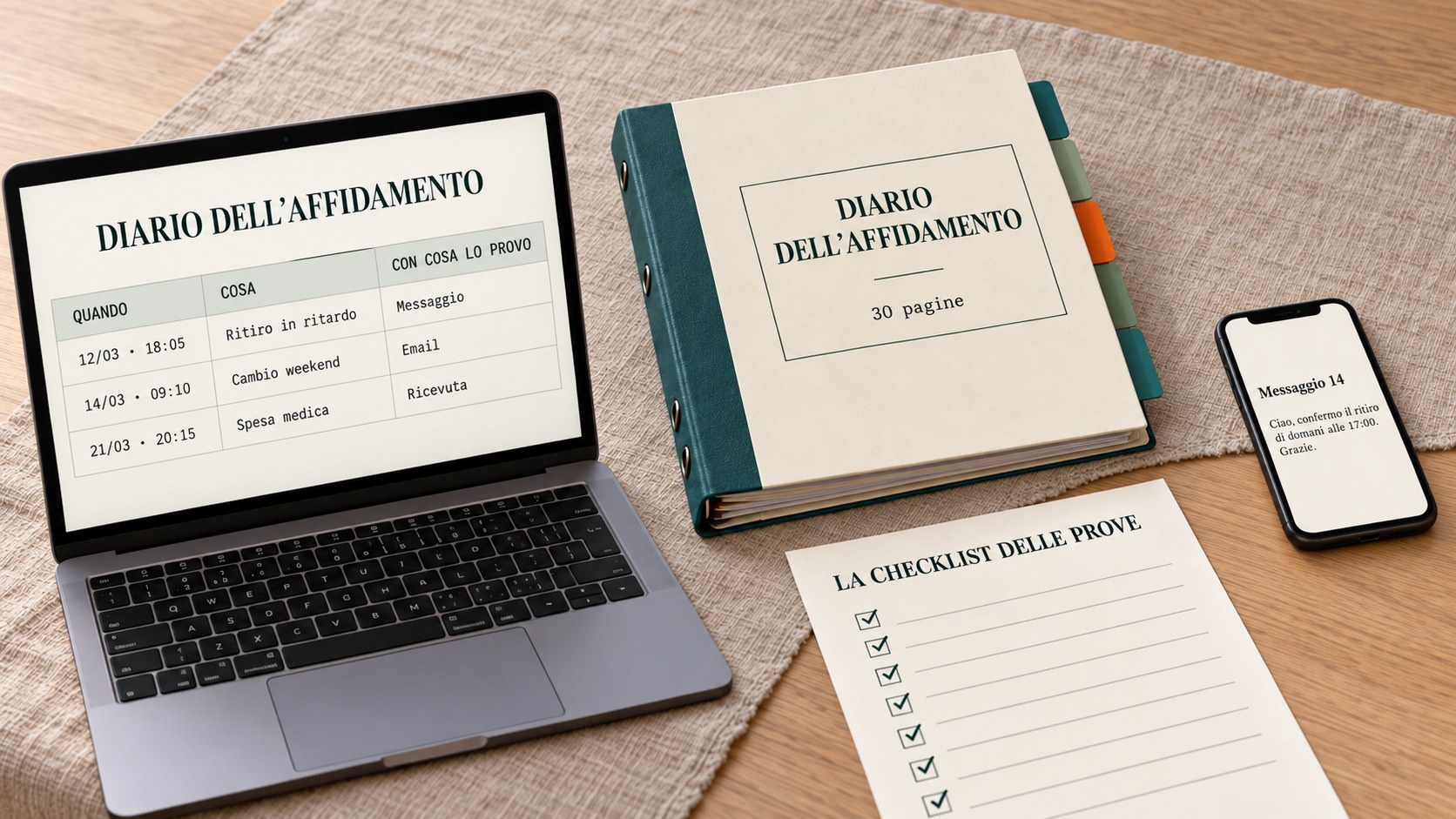 Tutto il kit sul tavolo: il tracker sul computer, il raccoglitore da stampare, i modelli di messaggi sul telefono e la checklist delle prove